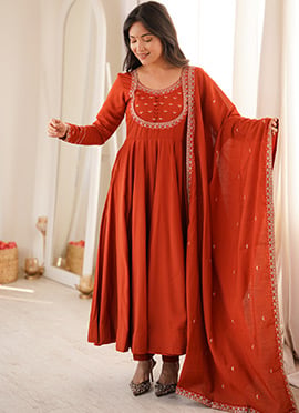 Orange Silk Thread Embroidered Anarkali Suit