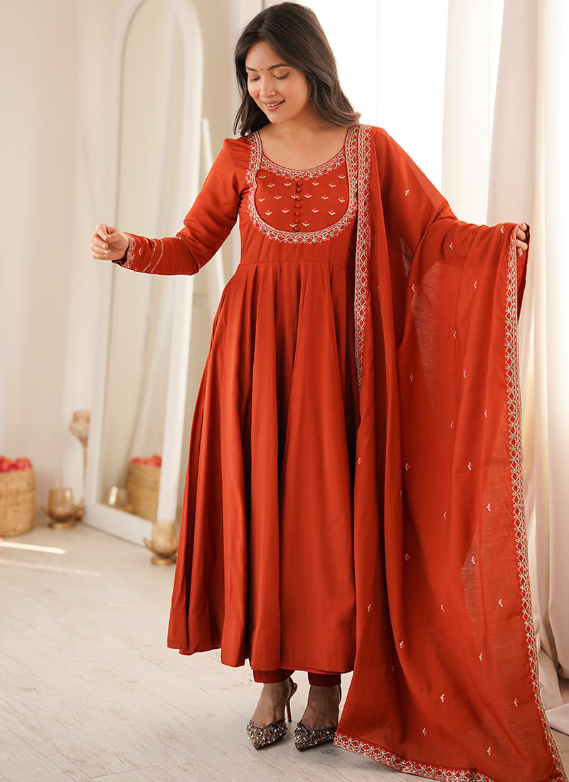 Orange Silk Thread Embroidered Anarkali Suit After Six Wear