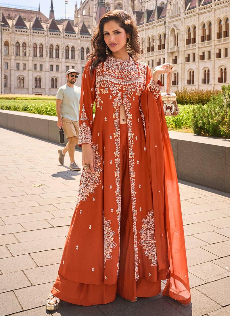 Orange Silk Zardosi And Embroidered Sequins High Slit Palazzo Suit Wedding Wear-SLSCC57825879
