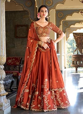 Orange Silk Zari And Sequins Embroidered Umbrella Lehenga Wedding Wear