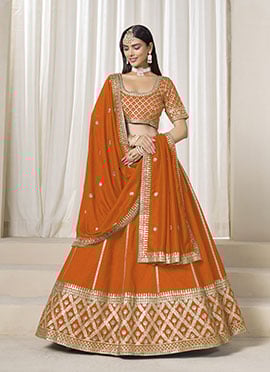 Orange Silk Zari Embroidered Gota Lehenga