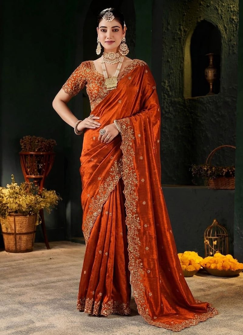 Orange Silk Zari Embroidered Saree After Six Wear