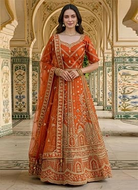 Orange Silk Zari Embroidered Sequins Lehenga