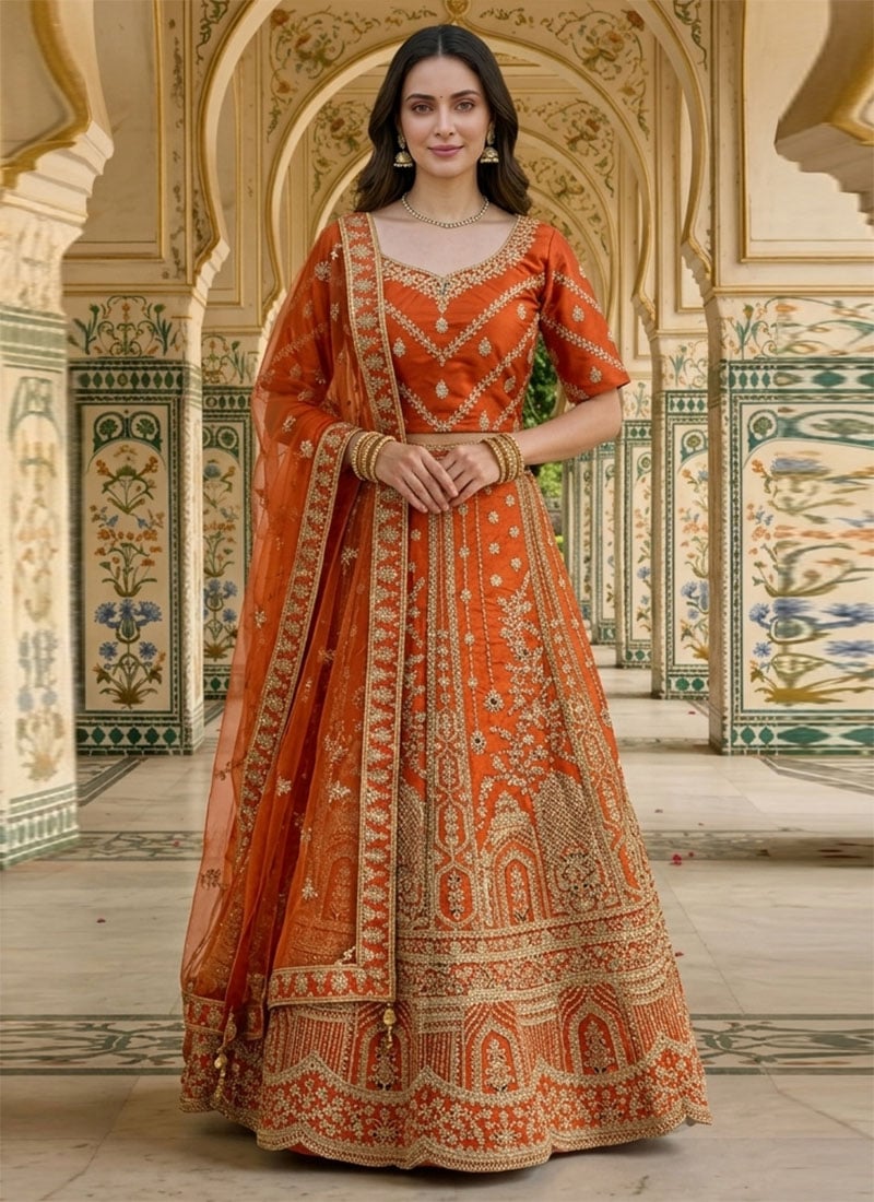 Orange Silk Zari Embroidered Sequins Lehenga Wedding Wear