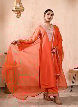 Orange Silk Zari Embroidered With Patch Work Straight Pant Suit