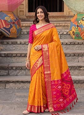 Orange Silk Zari Jacquard Woven Saree