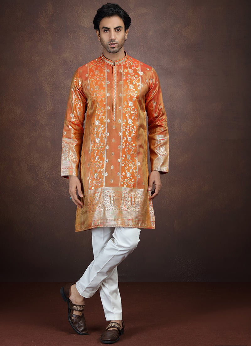 Orange Silk Zari Kurta Pyjama Festive Wear