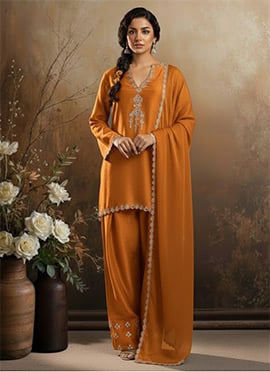 Orange Silk Zari Mirror Work Farshi Style Salwar Suit