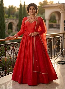 Orange Silk Zari Sequins Embroidered Anarkali Suit