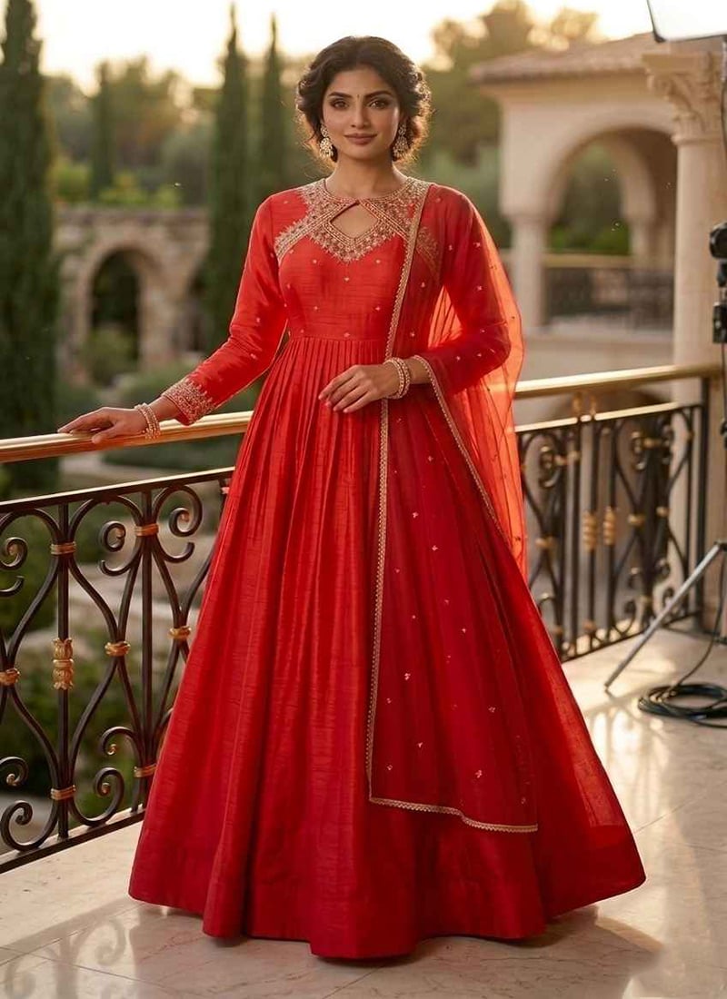 Orange Silk Zari Sequins Embroidered Anarkali Suit Wedding Wear