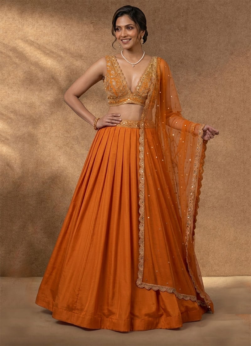 Orange Silk Zari Sequins Embroidered Lehenga Wedding Wear