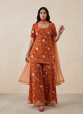 Orange Silk Zari Sequins Embroidered Palazzo Suit
