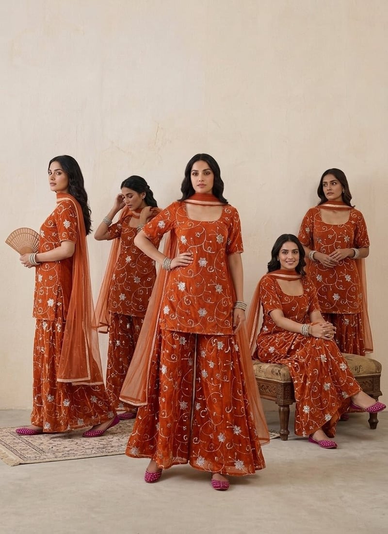 Orange Silk Zari Sequins Embroidered Palazzo Suit After Six Wear