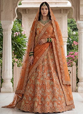 Orange Silk Zari Sequins Embroidered Stones Thread Umbrella Lehenga