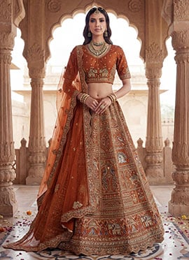 Orange Silk Zari Sequins Embroidered Stones Thread Umbrella Lehenga