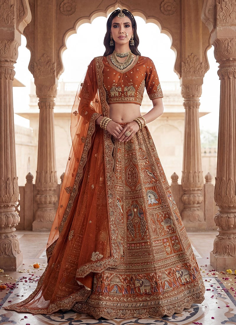 Orange Silk Zari Sequins Embroidered Stones Thread Umbrella Lehenga Wedding Wear