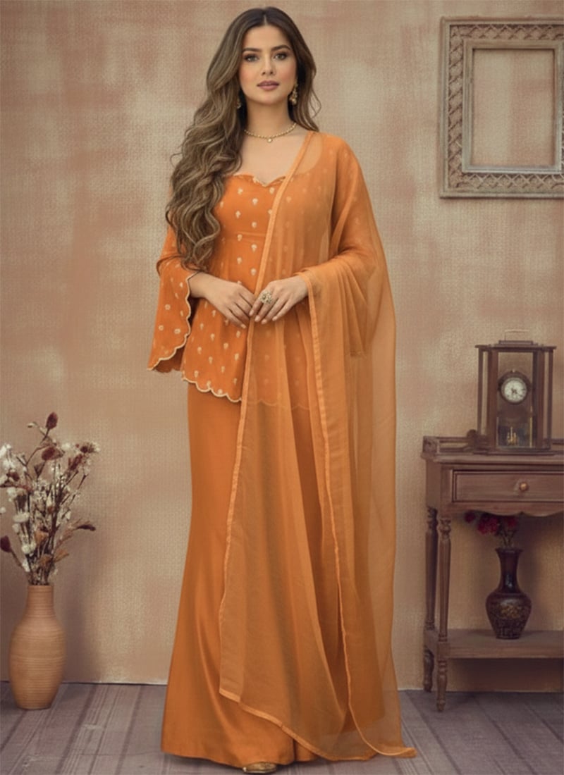 Orange Silk Zari Sequins Festive Palazzo Suit Festive Wear