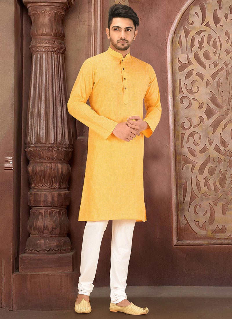 Orange Slub Cotton Soild Plain Kurta Pyjama Work Wear