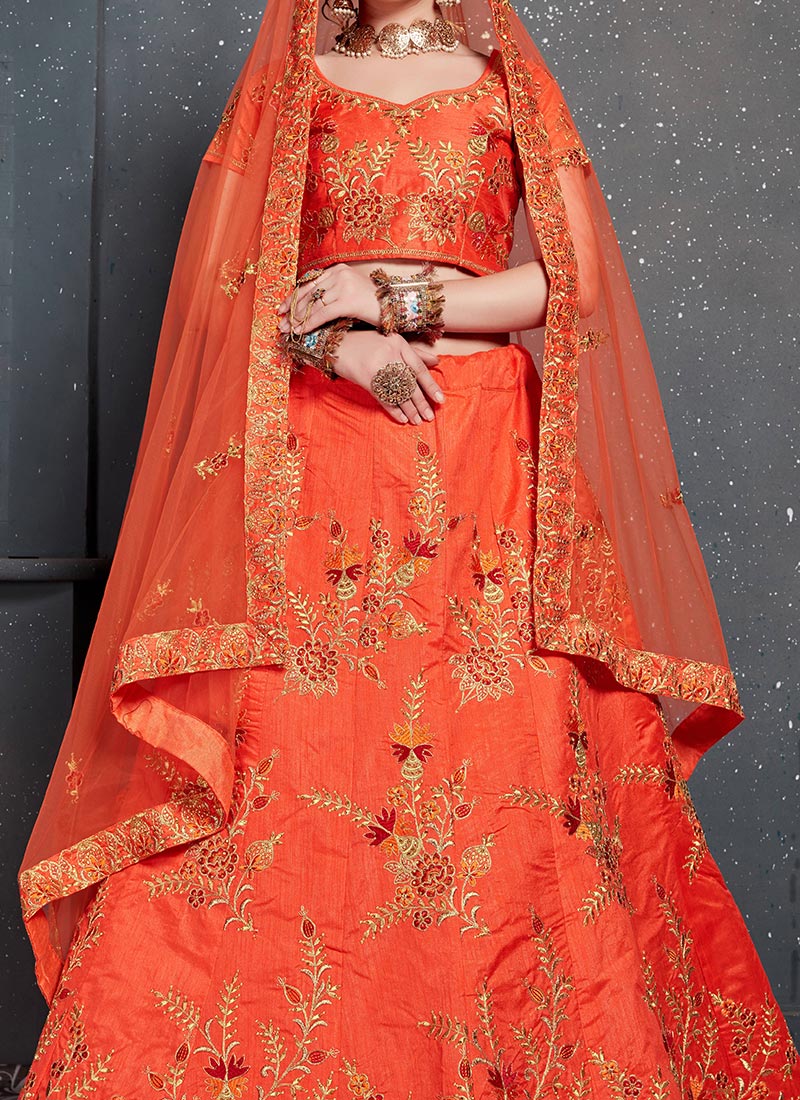 Buy Orange Slub Silk Embroidered Umbrella Lehenga Party Wear