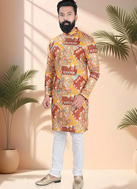 Orange Soft Cotton Embroidered Sequins And Printed Kurta Pyjama