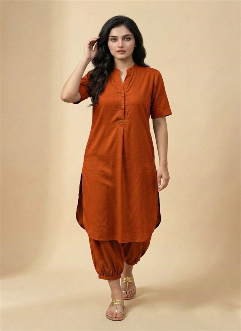 Orange Soft Ember Muslin Cotton Kurta Set After Six Wear