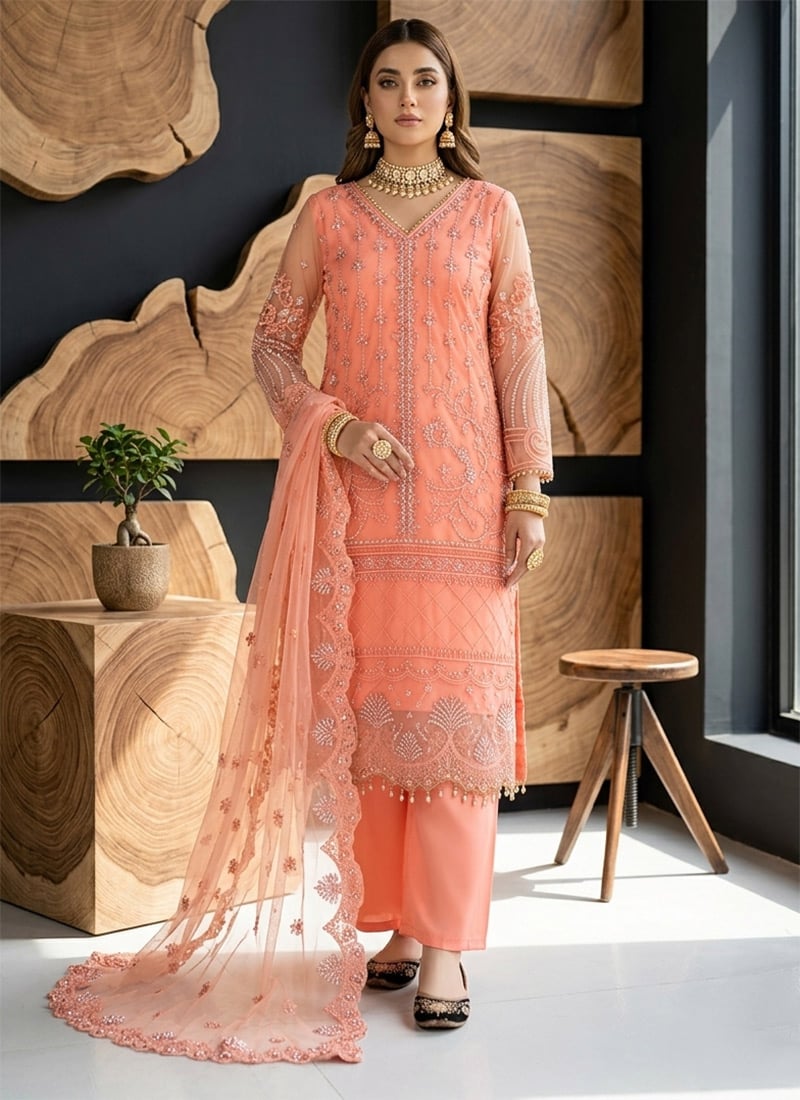 Orange Soft Net Embroidered Palazzo Suit Festive Wear