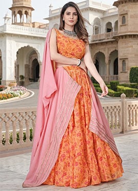 Orange Soft Organza Digital Print Lehenga