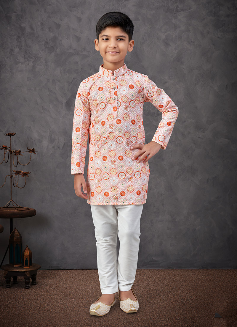 Orange Soft Rayon Printed And Embroidered Boys Kurta Pyjama Festive Wear
