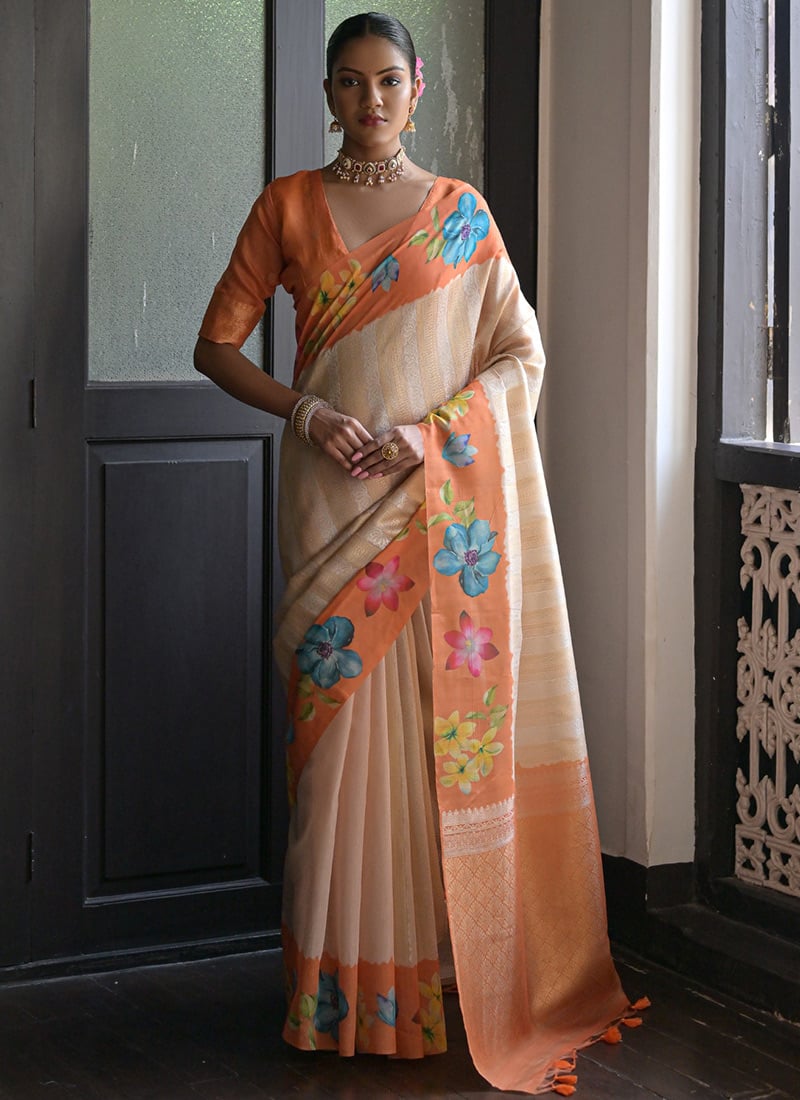 Orange Soft Silk Zari Woven Digital Print Saree Festive Wear