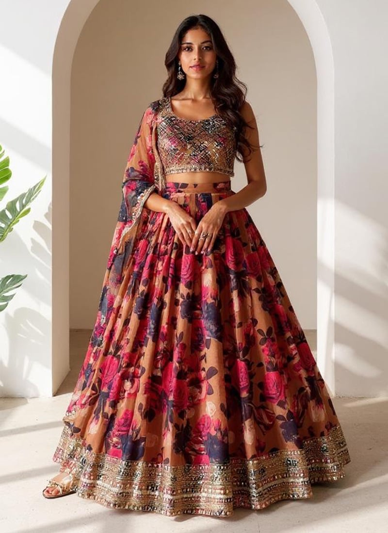 Orange Tabby Organza Digital Print Sequins Umbrella Lehenga Wedding Wear
