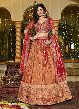 Orange Tissue Beads Sequins Zari Embroidered Cutdana Umbrella Lehenga