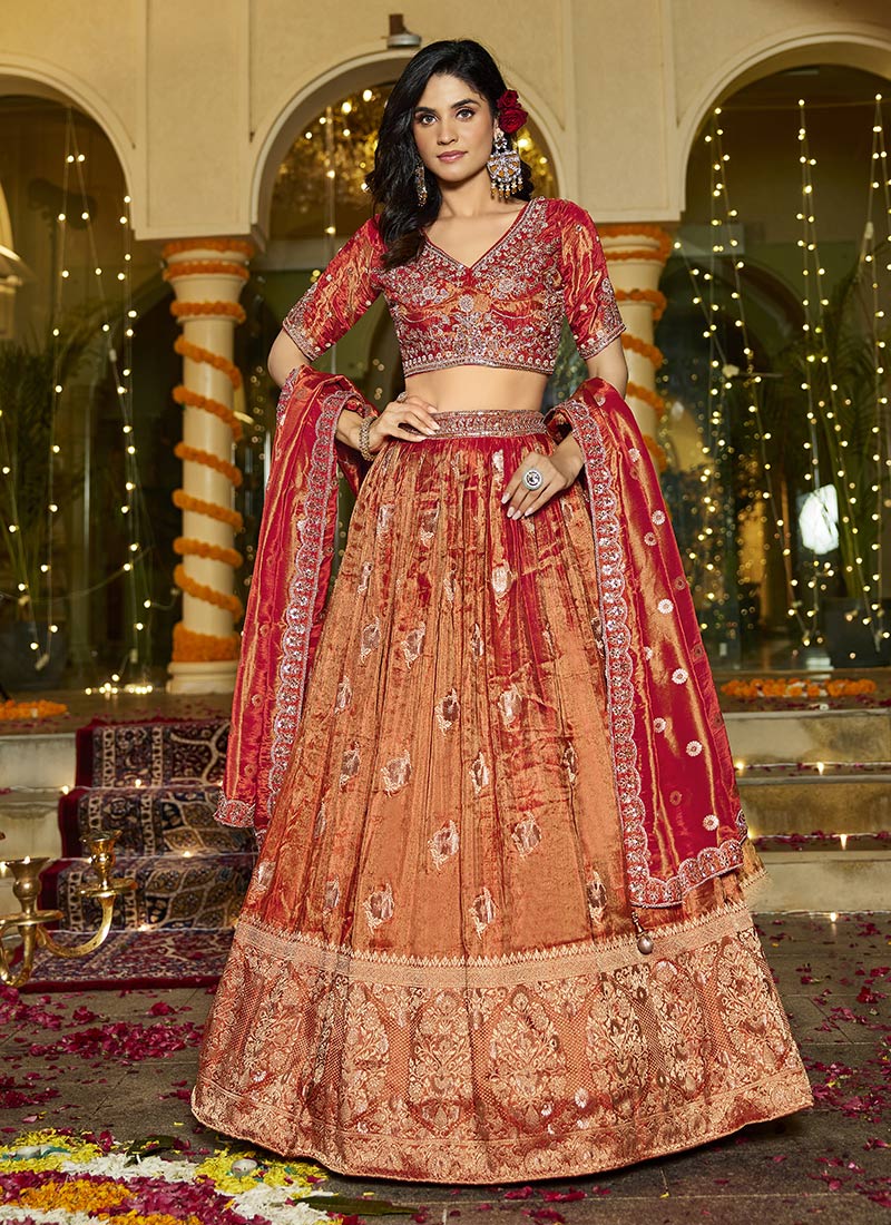 Orange Tissue Beads Sequins Zari Embroidered Cutdana Umbrella Lehenga Wedding Wear