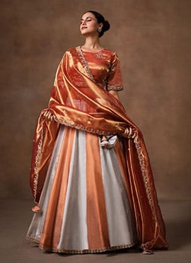 Orange Tissue Embroidered Sequins Stone Work Lehenga