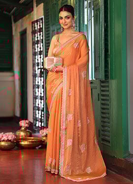Orange Tissue Embroidered Stone Saree