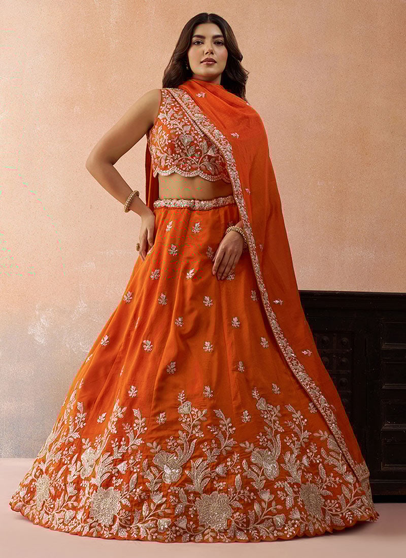 Orange Tissue Embroidered Zari Sequins Lehenga Wedding Wear