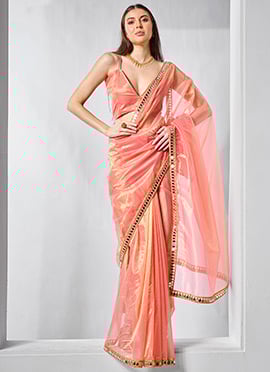 Orange Tissue Net Saree With Lace Work