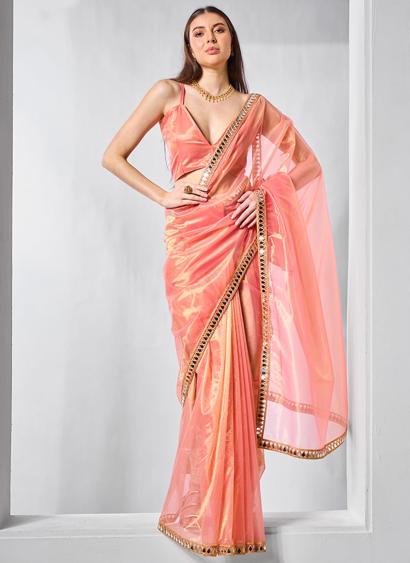 Orange Tissue Net Saree With Lace Work After Six Wear