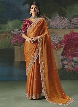 Orange Tissue Organza Sequins Embroidered With Stone Work Saree