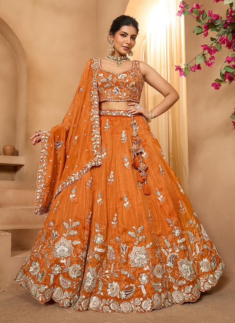 Orange Tissue Sequins Stones Embroidered Cut Work Umbrella Lehenga Wedding Wear