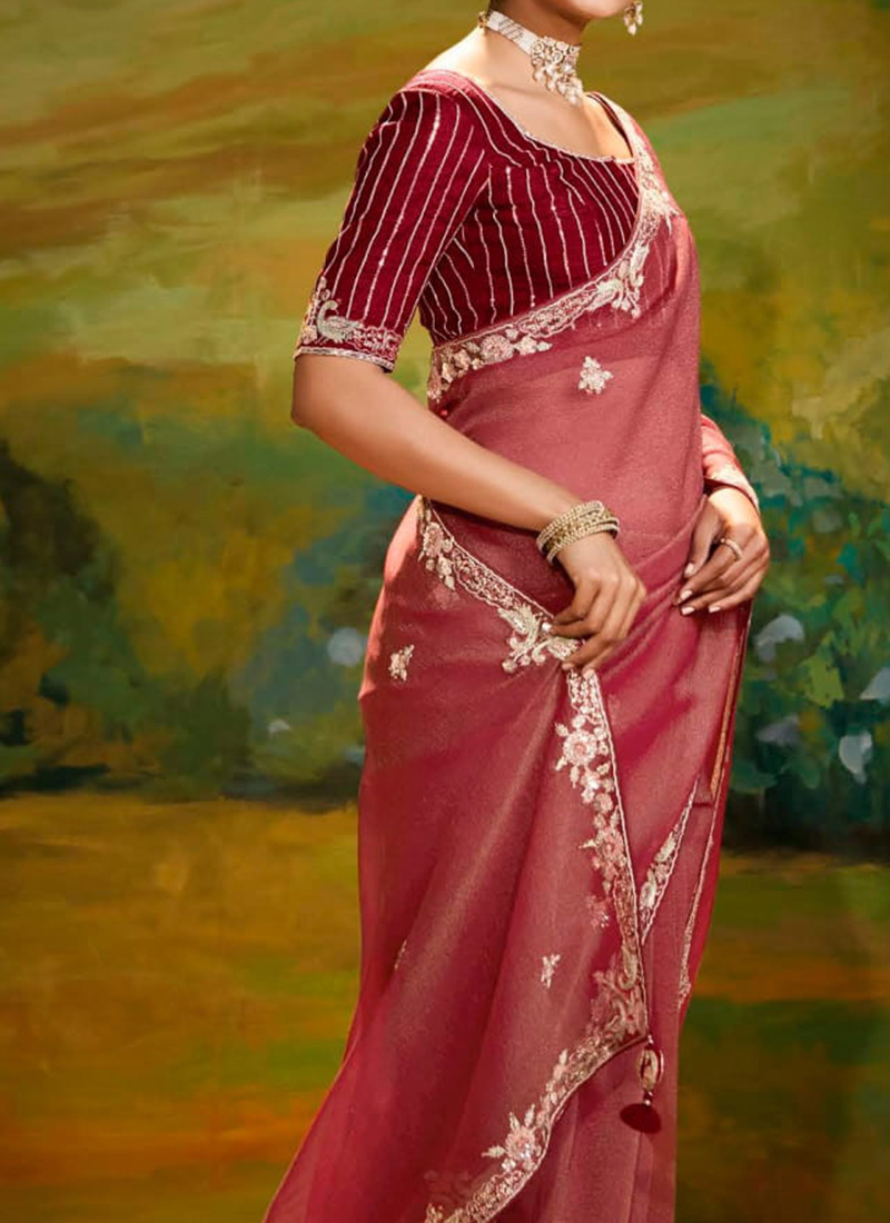 Tissue Saree with Hand-Embroidered Floral Sequins & Ornate Embellished Border main image 0