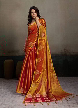 Orange Tissue Silk Zari Jacquard Woven Saree