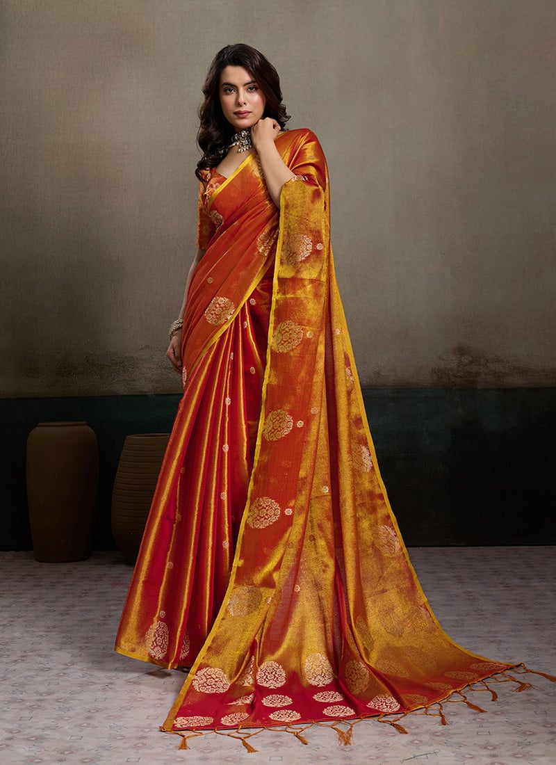 Orange Tissue Silk Zari Jacquard Woven Saree Festive Wear