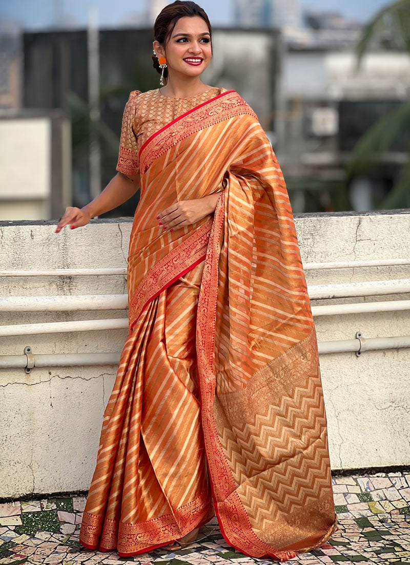 Orange Tissue Woven Leheriya Saree