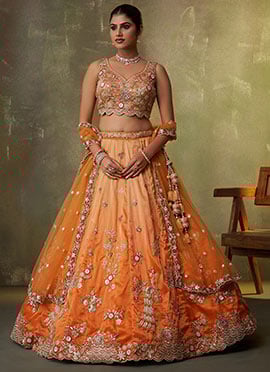 Orange Tissue Zari Embroidered Sequins With Beads Work Lehenga