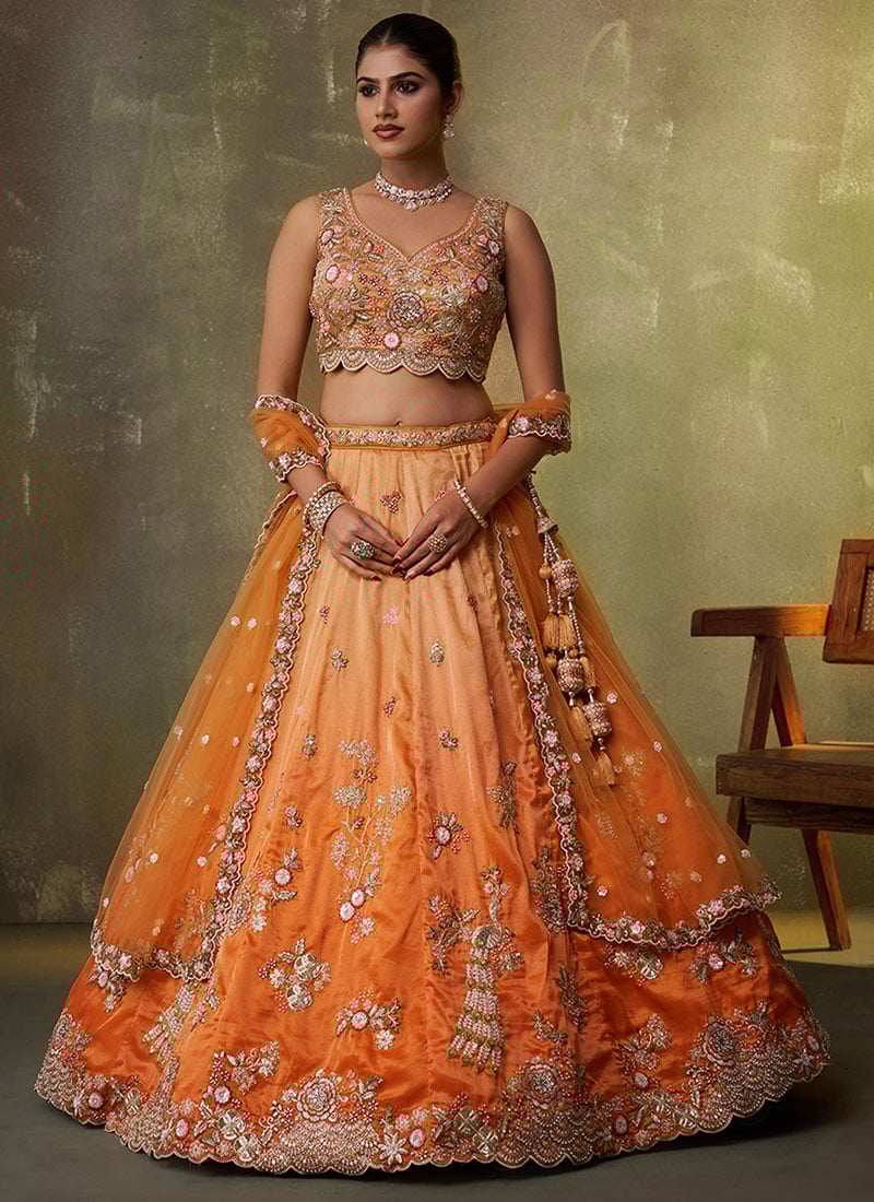 Orange Tissue Zari Embroidered Sequins With Beads Work Lehenga Wedding Wear