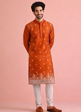 Orange Velvet Embroidered Thread Kurta Pyjama