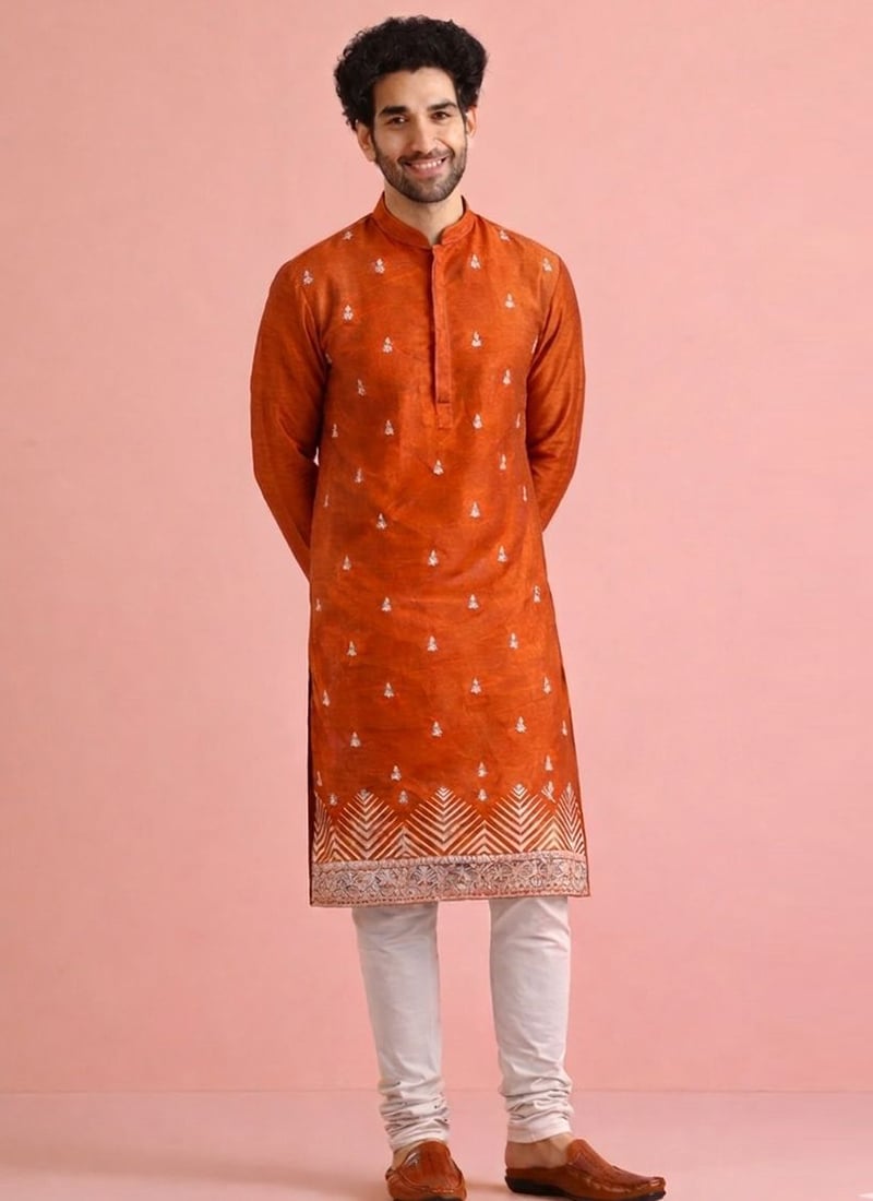 Orange Velvet Embroidered Thread Kurta Pyjama Festive Wear