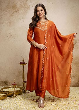 Orange Vichitra Silk Embroidered Anarkali Suit