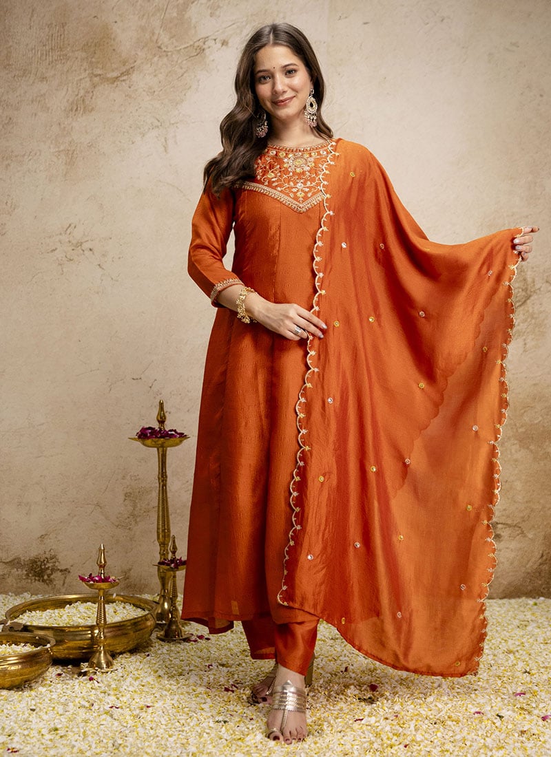 Orange Vichitra Silk Embroidered Anarkali Suit Festive Wear