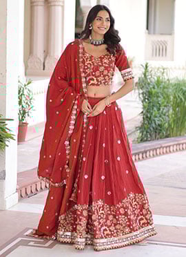 Orange Vichitra Silk Embroidered Lehenga Set